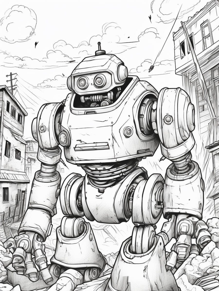 Robô gigante mecânico em cidade urbana destruída ilustração preto e branco