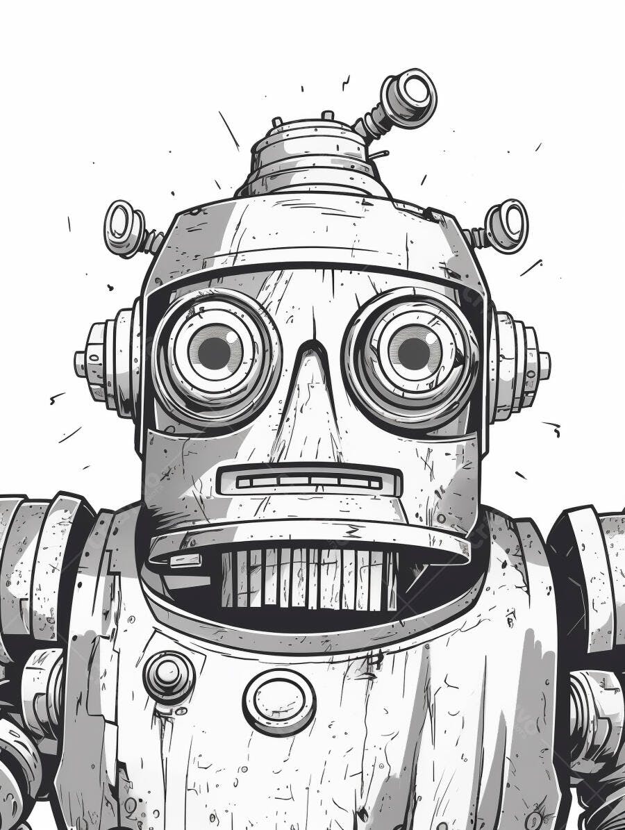 Robô vintage desenho estilo quadrinhos preto e branco