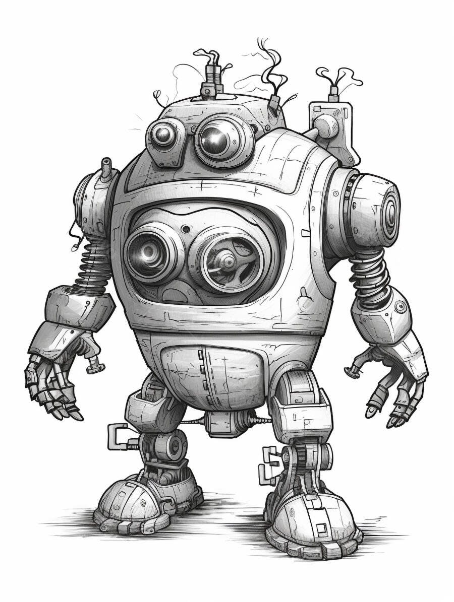 Robô vintage desenhado em preto e branco estilo cartoon com engrenagens