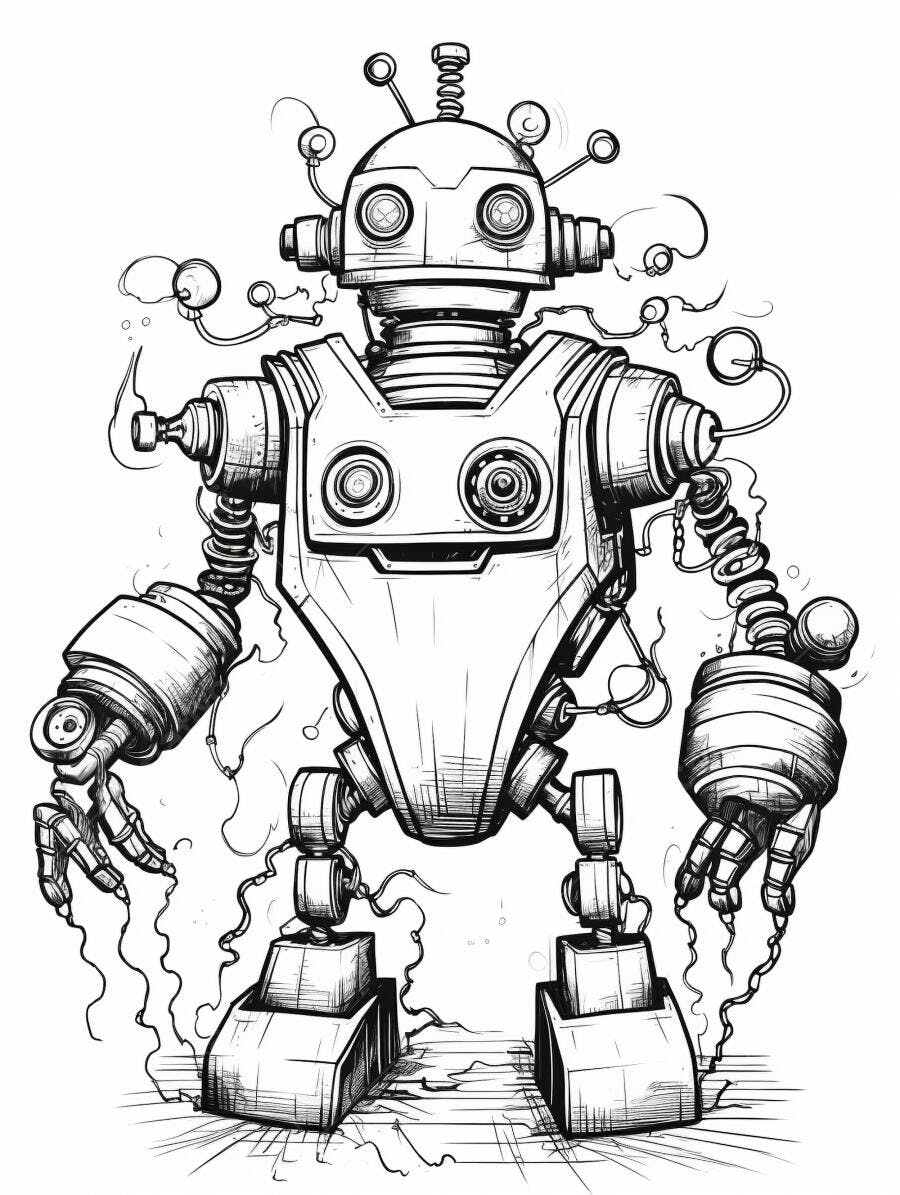 Robô vintage detalhado preto e branco ilustração linha arte