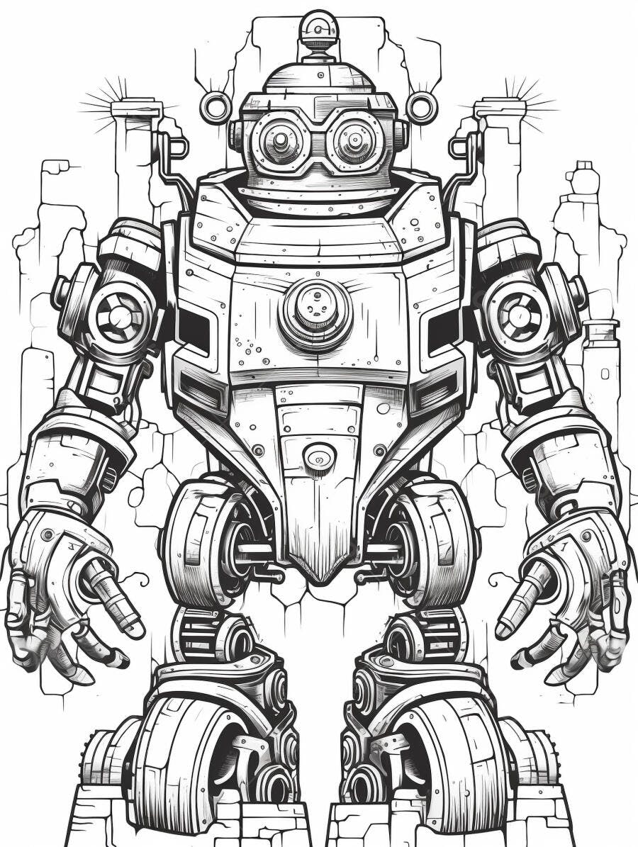Robô mecânico detalhado desenho de ficção científica estilo vintage