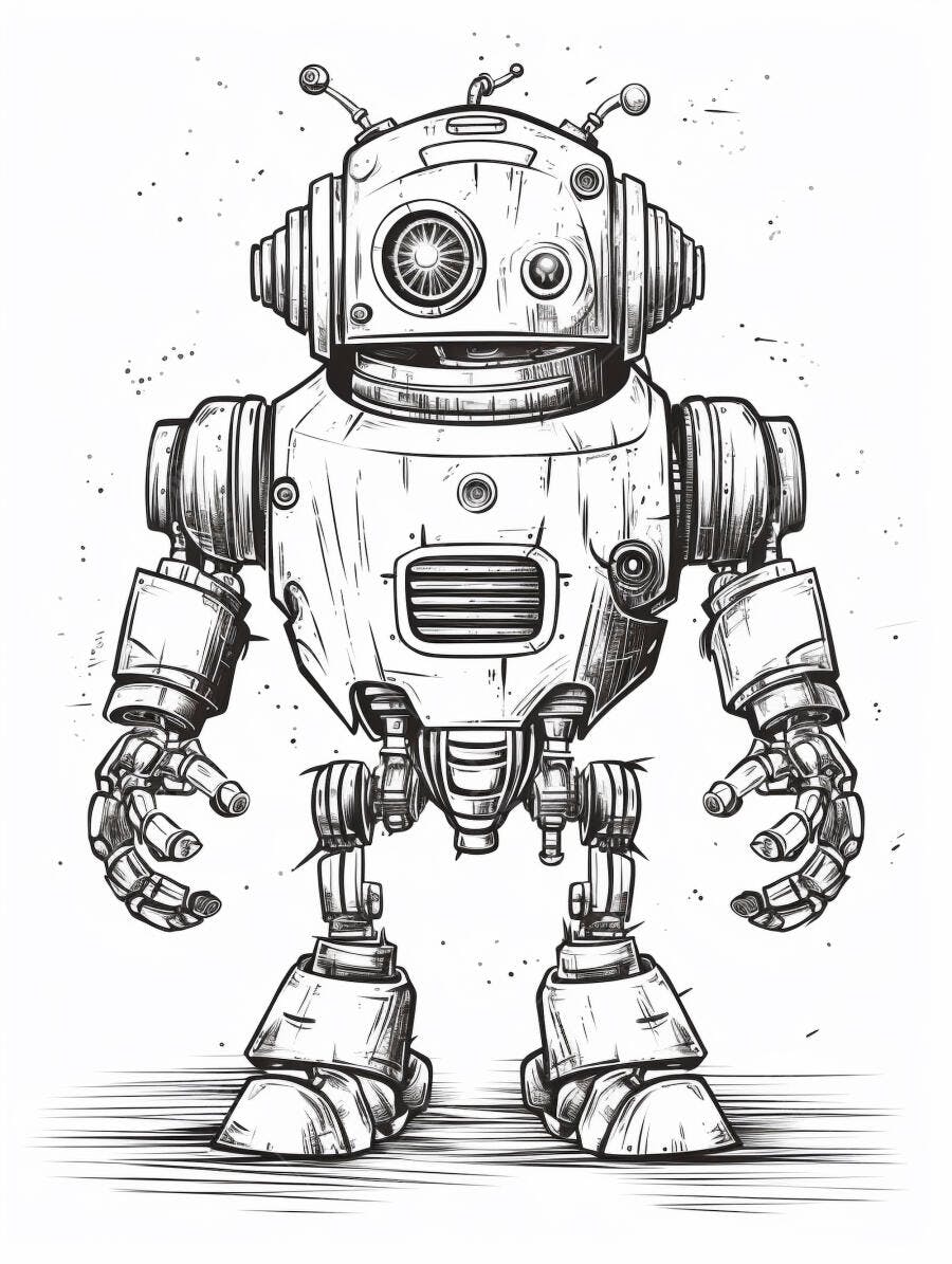 Robô estilo retrô desenho em preto e branco em pé