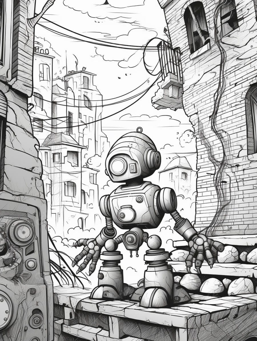 Robô solitário em rua urbana destruída ilustração preta e branca estilo desenho animado