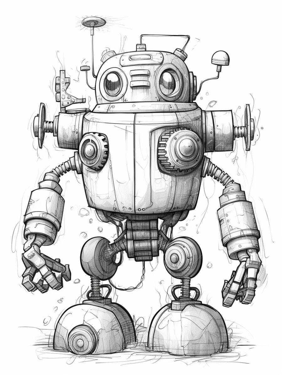 Robô desenho vintage em estilo steampunk com olhos grandes e engrenagens
