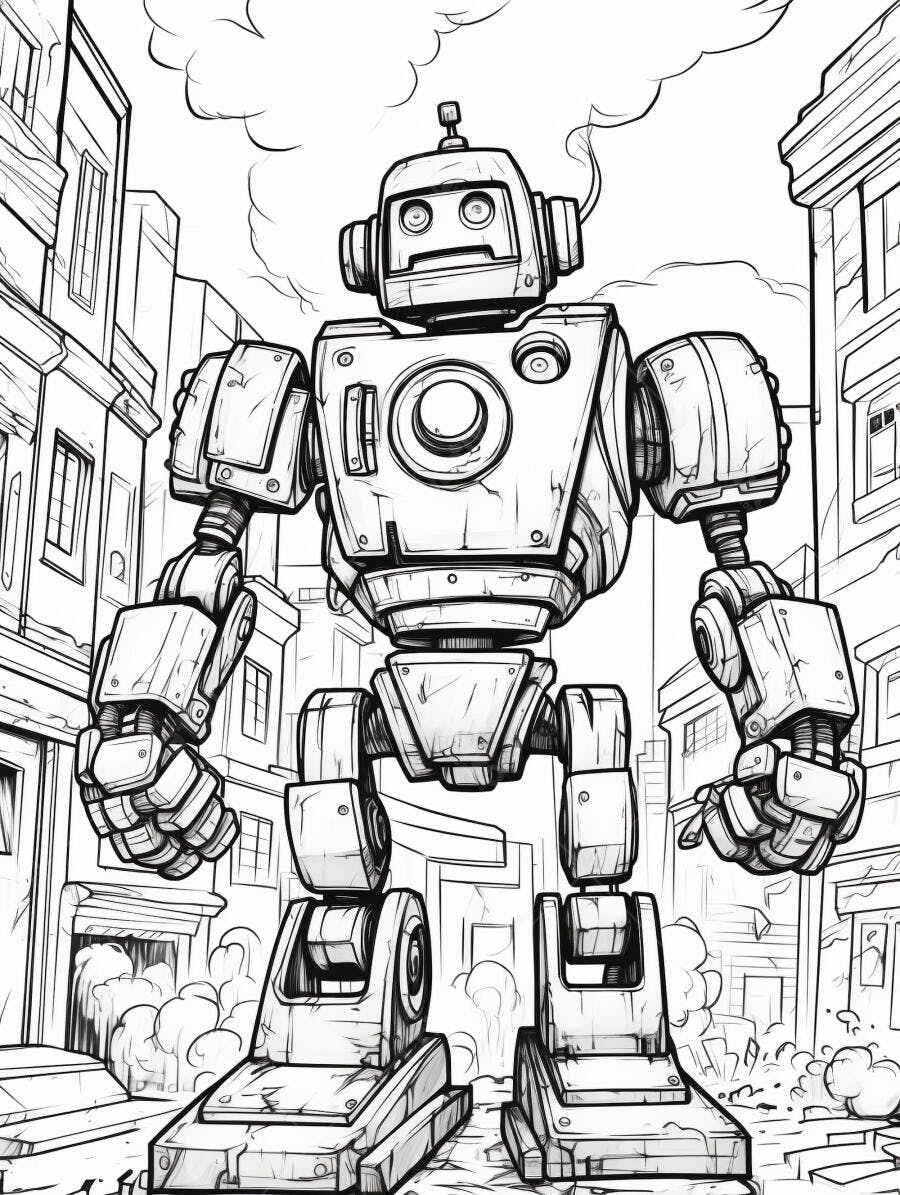 Robô gigante em estilo retrô dominando rua de cidade