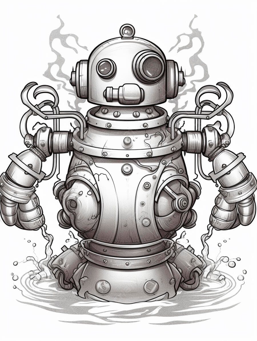 Robô steampunk submarino cinza com fumaça e água isolado