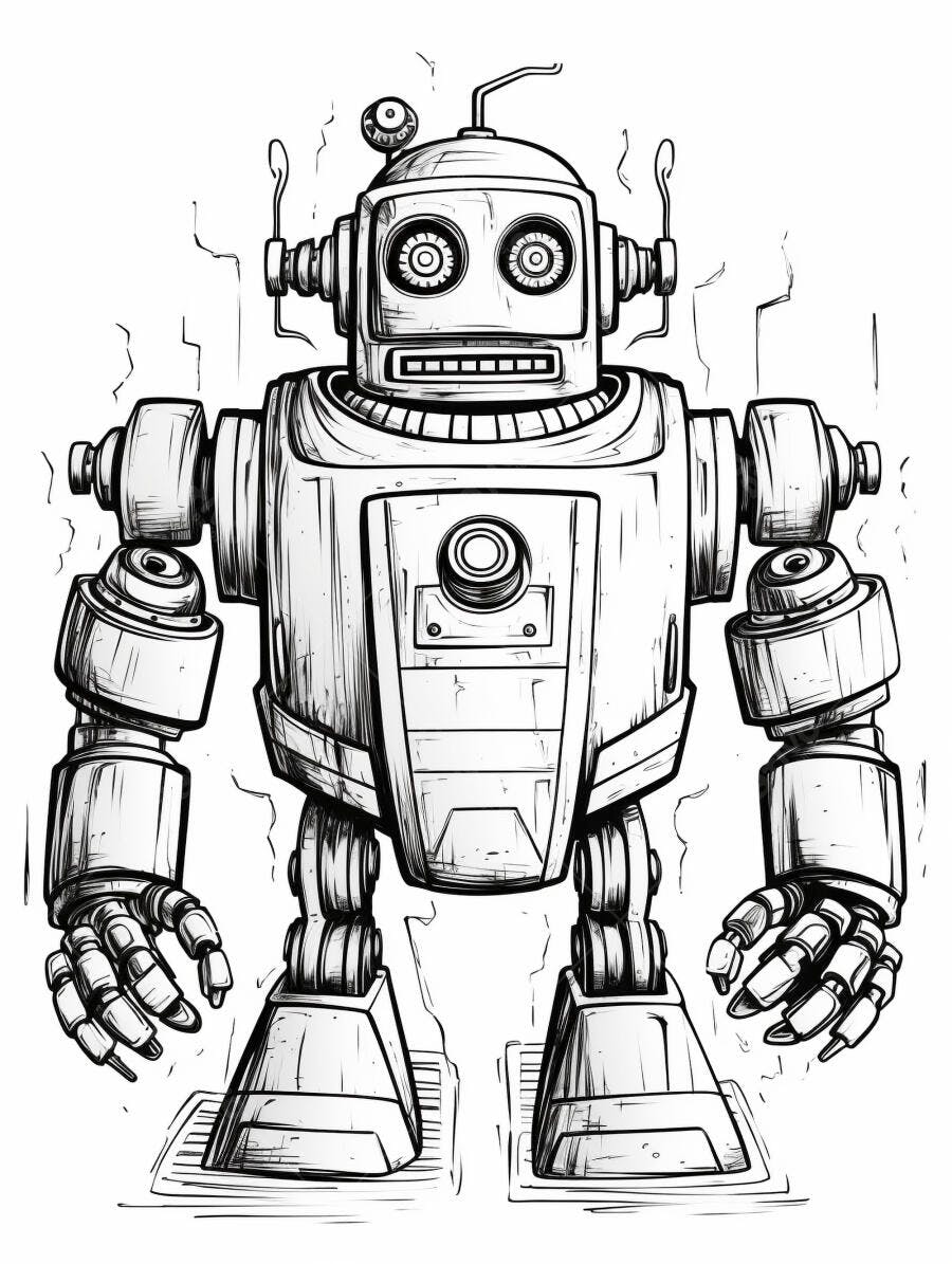 Robô vintage desenhado em preto e branco com estilo de quadrinhos