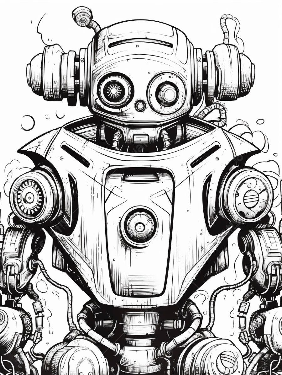 Robô steampunk vintage ilustração detalhada preto e branco com engrenagens e fios