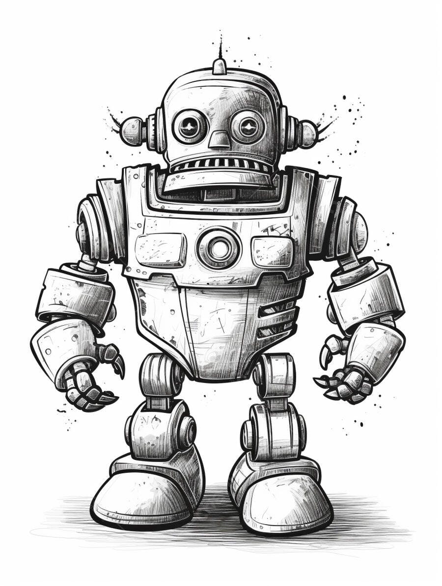 Robô vintage de desenho animado em preto e branco estilo sketch
