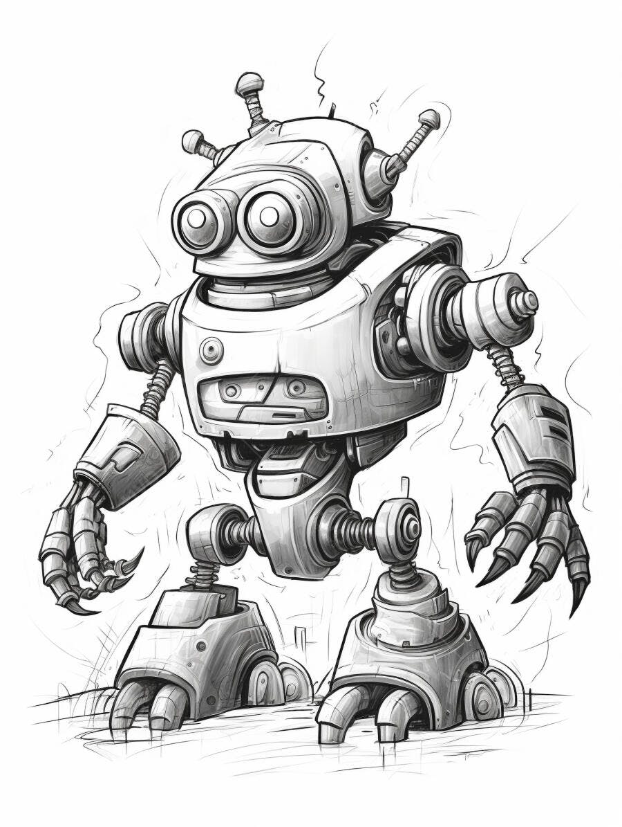 Robô cartoon com olhos grandes e garras desenho monocromático
