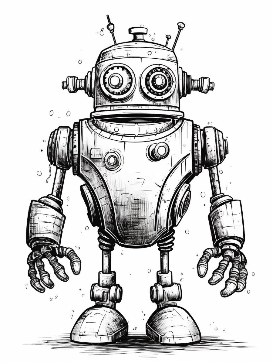 Robô vintage desenho preto e branco olhos grandes e antenas