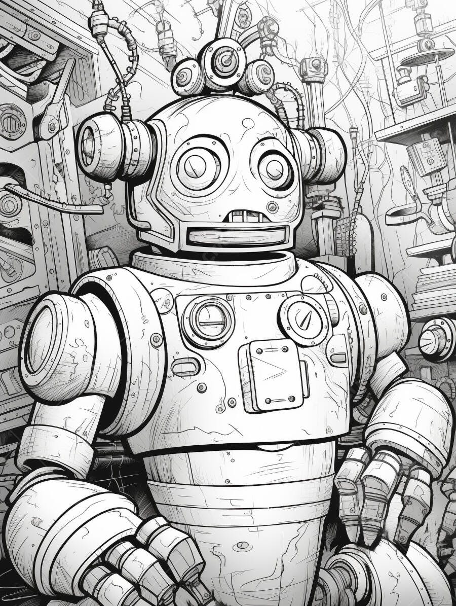 Robô vintage detalhado em oficina industrial ilustração preto e branco