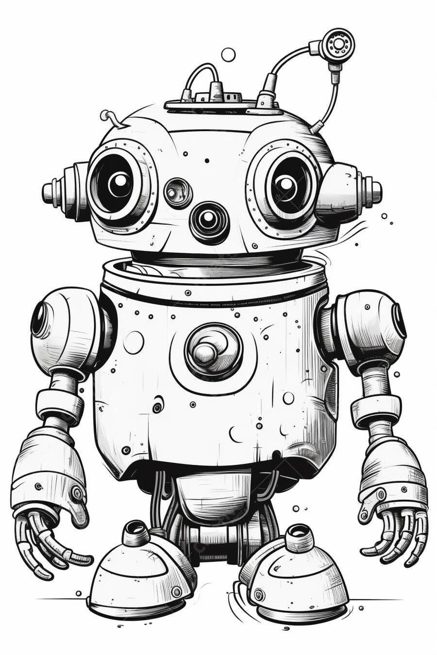 Robô estilo vintage com olhos grandes ilustração preto e branco
