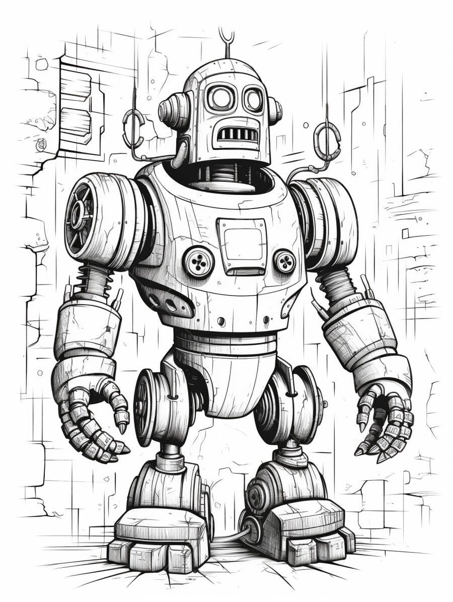 Robô vintage em desenho preto e branco com fundo abstrato tecnológico