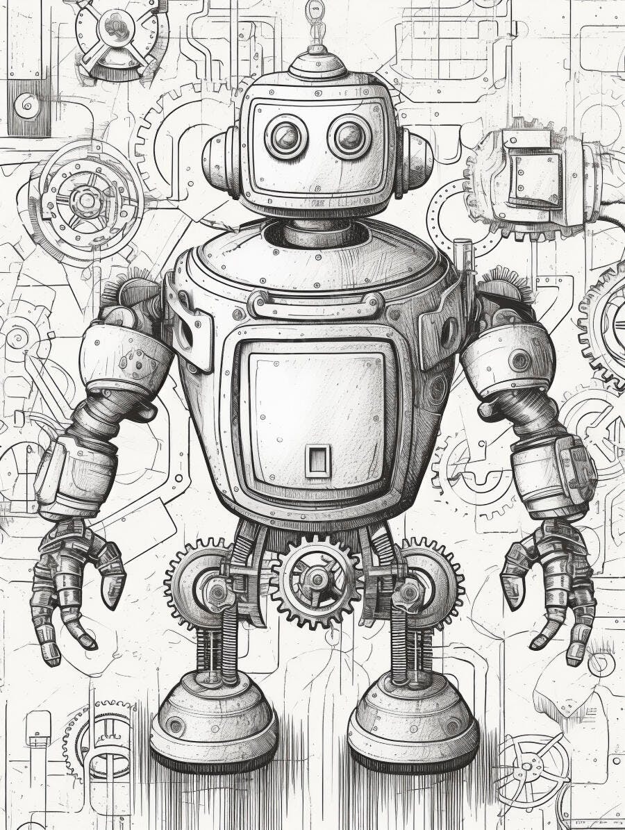 Robô vintage estilo steampunk em desenho técnico detalhado