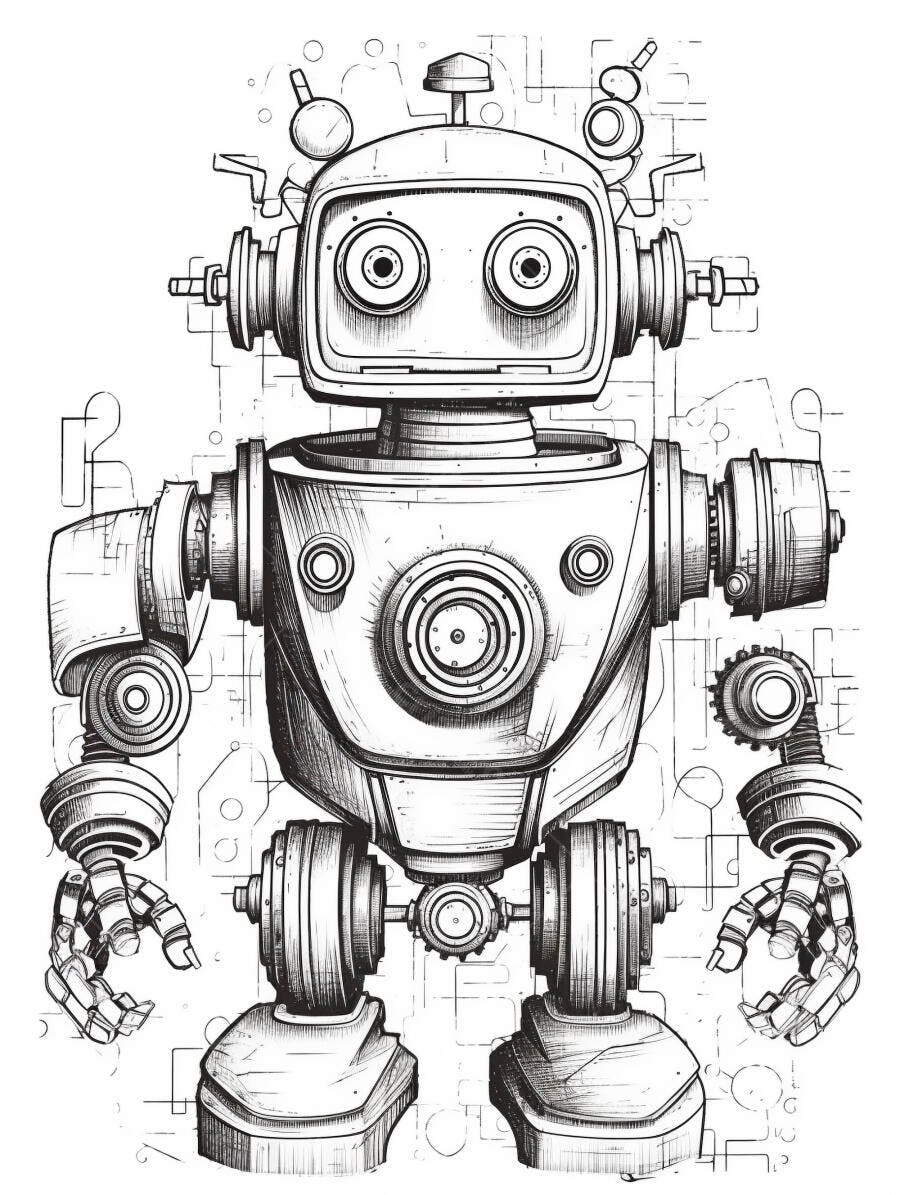 Robô vintage estilo desenho animado em preto e branco para colorir
