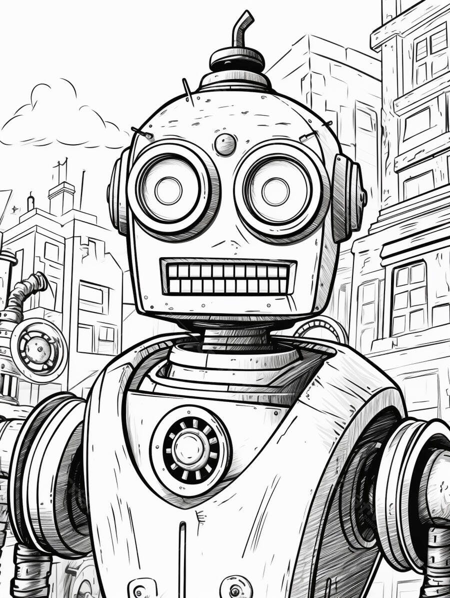 Robô vintage sorrindo ilustração preto e branco em cenário de cidade futurista