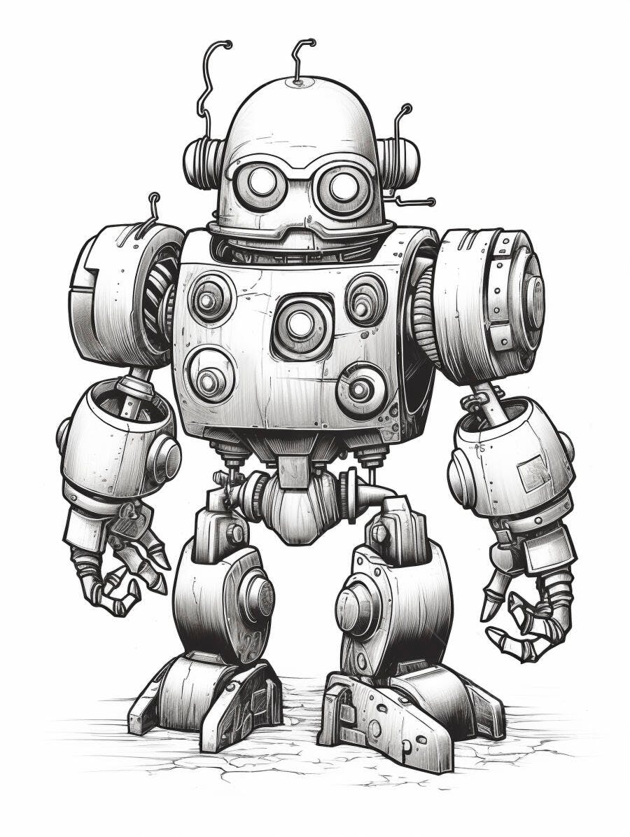 Robô vintage ilustrado em desenho detalhado preto e branco