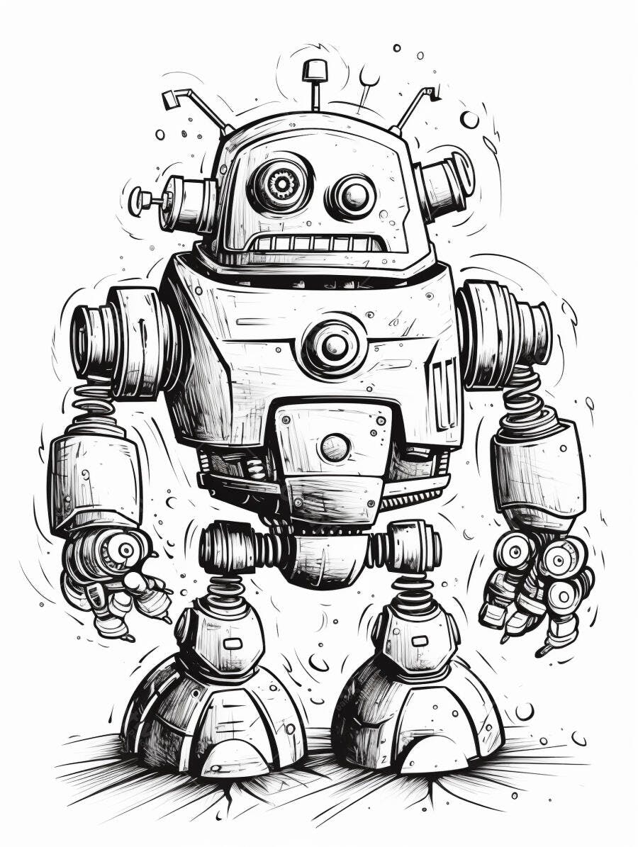 Robô vintage em ilustração preto e branco com detalhes mecânicos