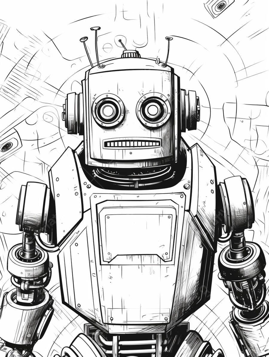 Robô retrofuturista desenhado em preto e branco com detalhes mecânicos