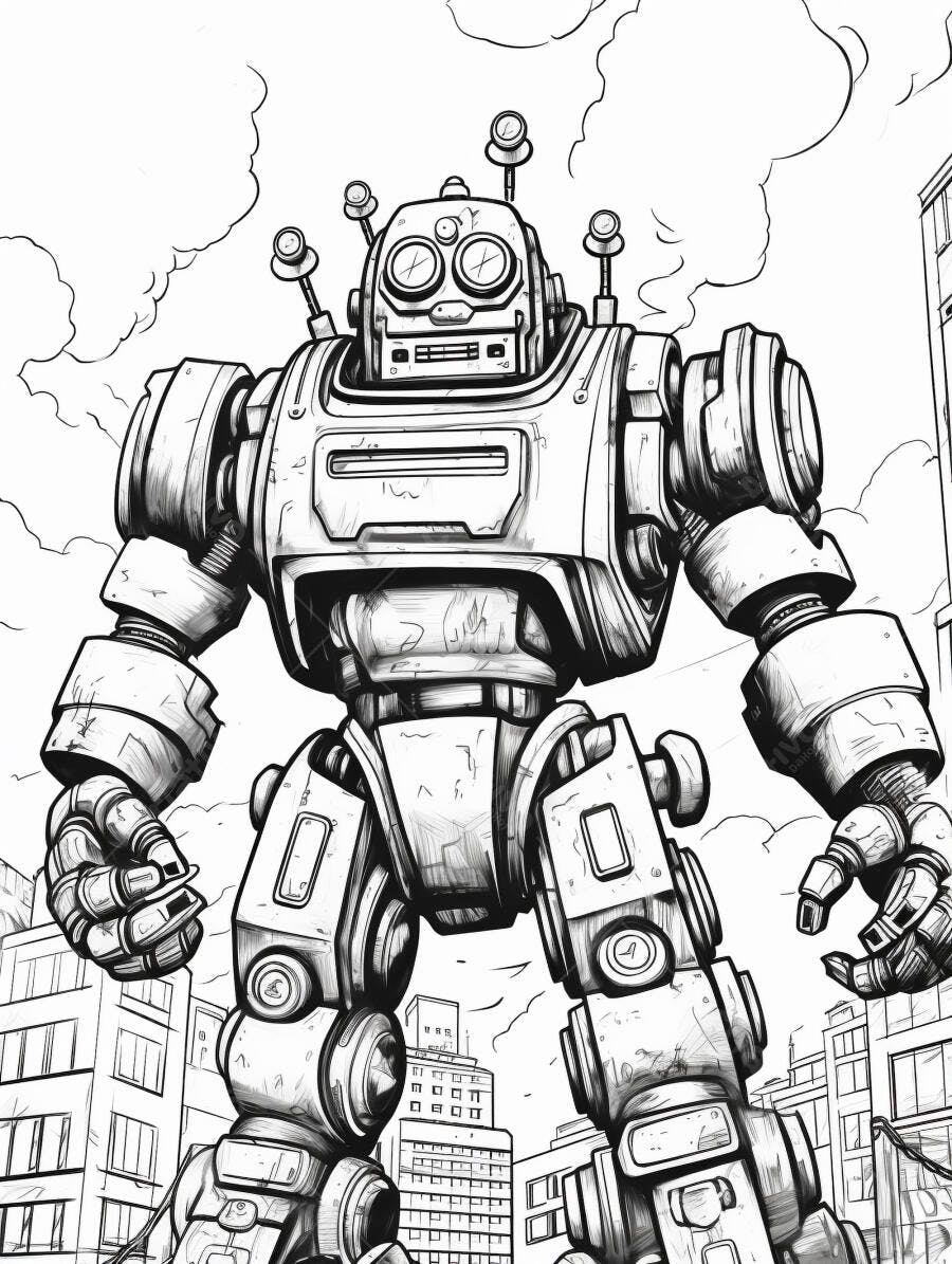 Robô gigante em estilo quadrinhos na cidade futurista