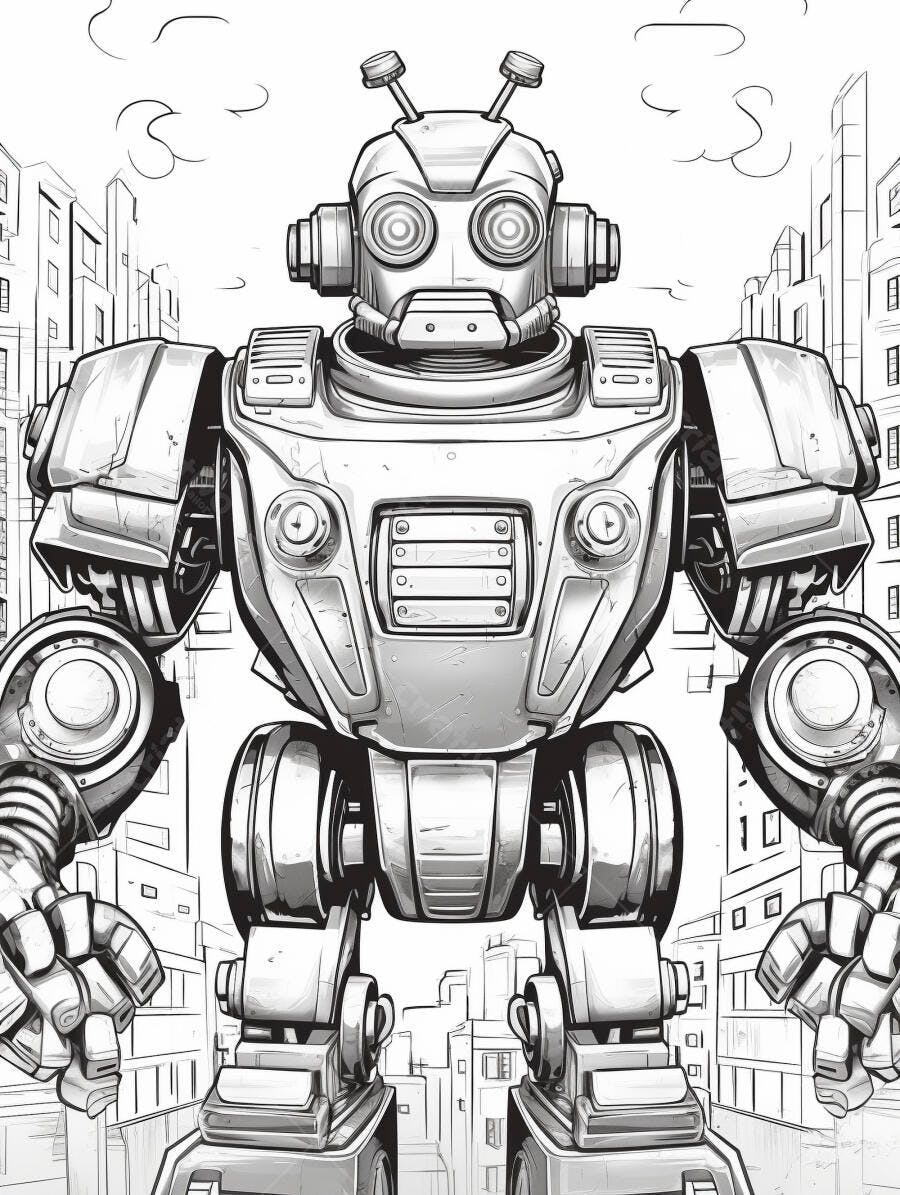 Robô gigante cinza estilo retrô em cidade futurista