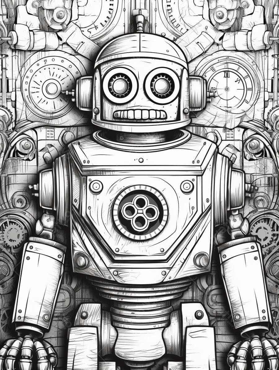 Robô desenho linha preta e branca estilo steampunk com fundo mecânico detalhado
