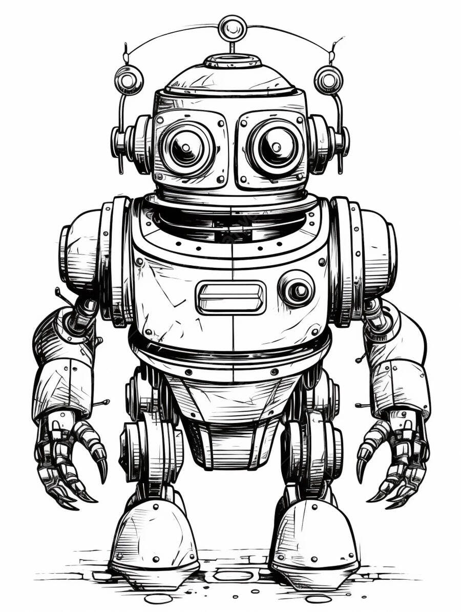 Robô vintage desenho preto e branco com olhos grandes e garras ilustração ficção científica