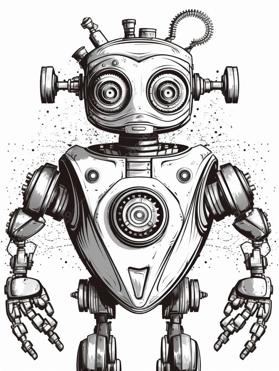 Robô vintage mecânico preto e branco ilustração estilo steampunk