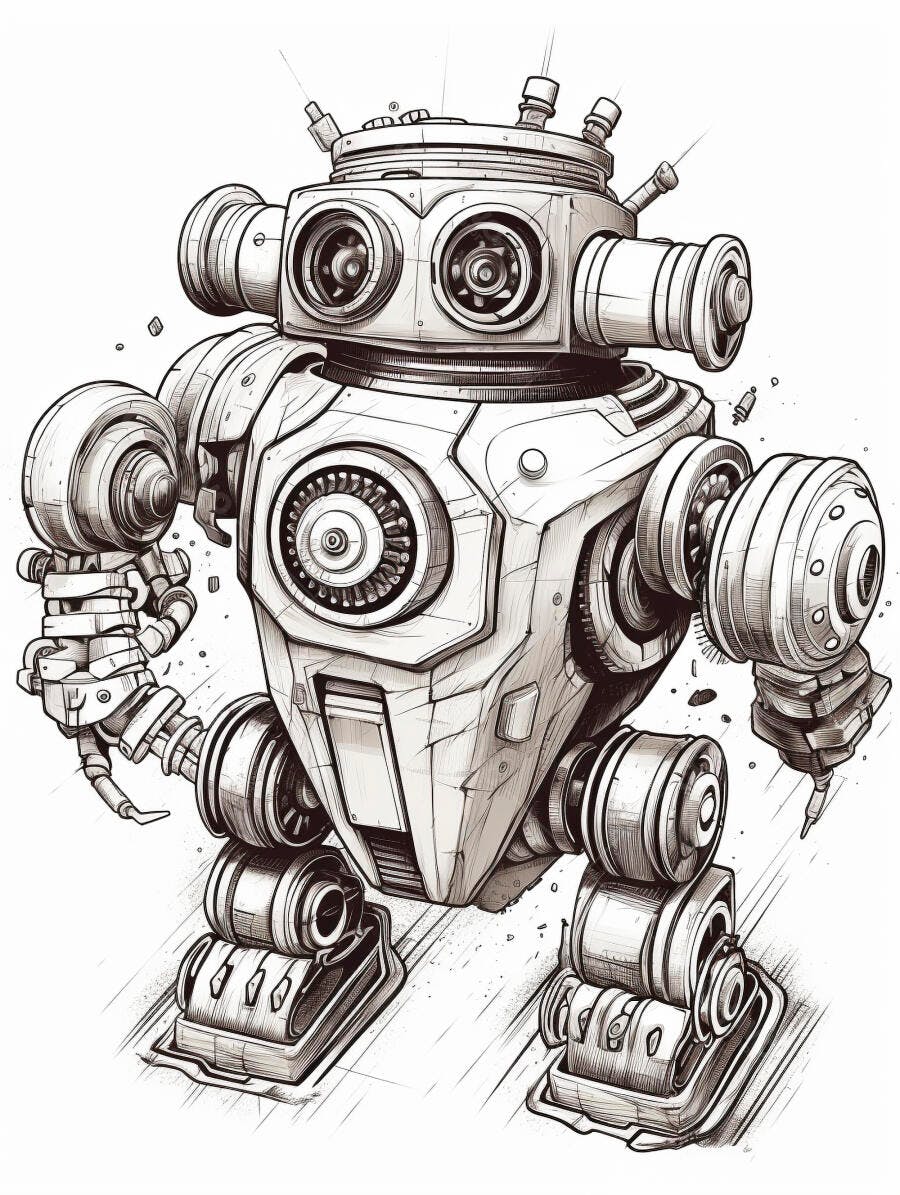 Robô vintage ilustração estilo esboço em preto e branco