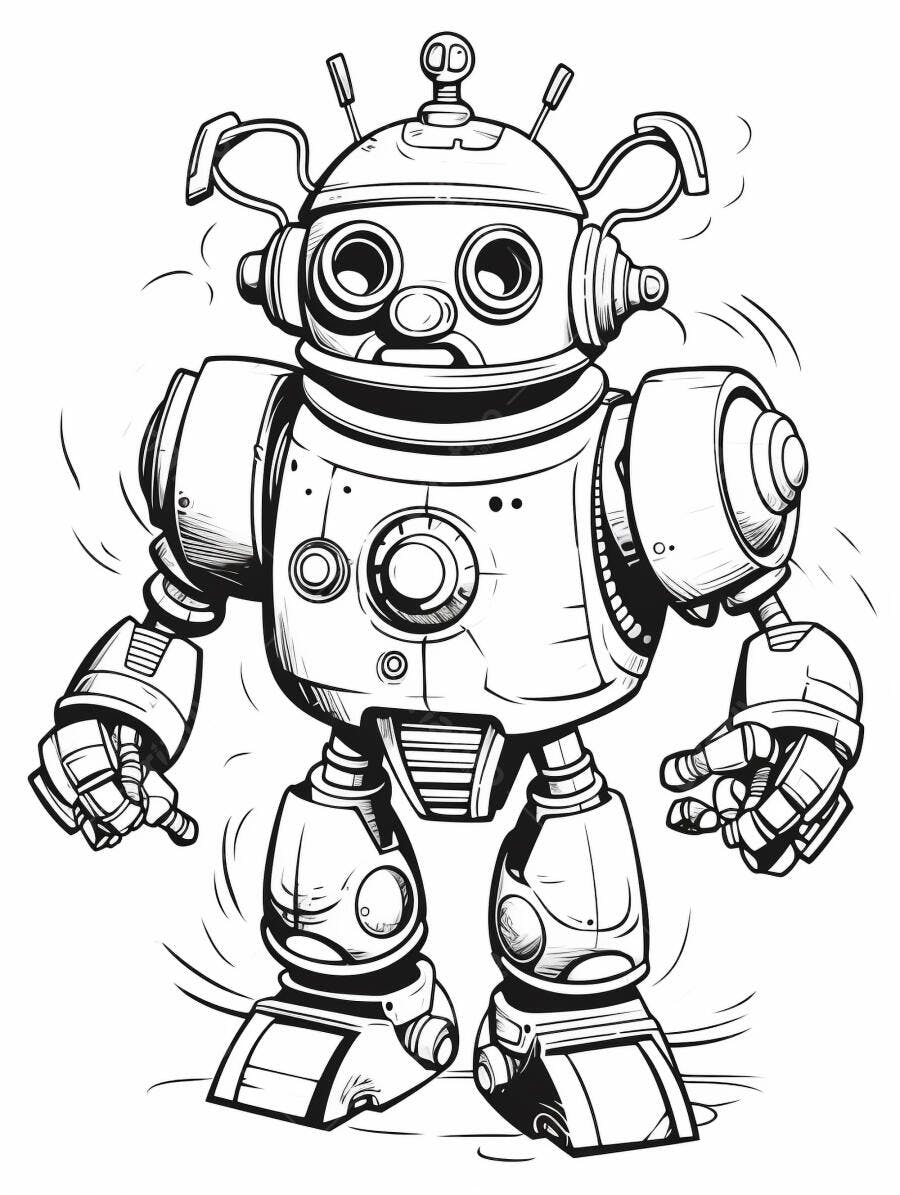 Robô amigável estilo cartoon com antenas ilustração preta e branca