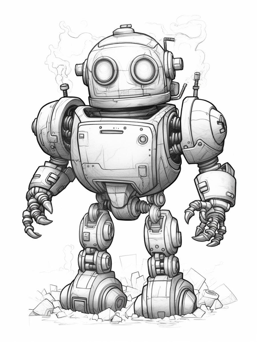 Robô vintage mecânico liberando fumaça em desenho de quadrinhos sobre escombros
