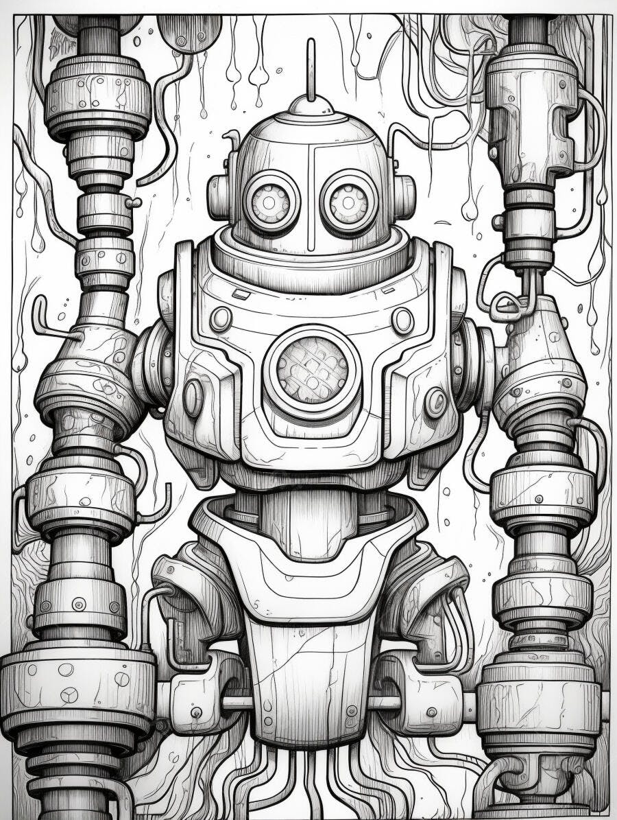 Robô detalhado em estilo steampunk com tubos e conexões mecânicas