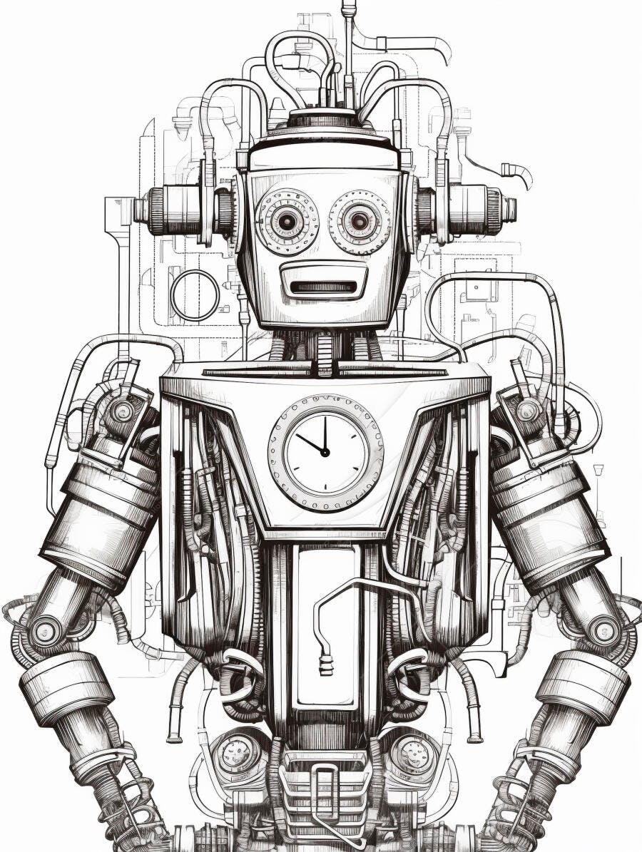 Robô vintage com relógio no peito ilustração detalhada em preto e branco design mecânico