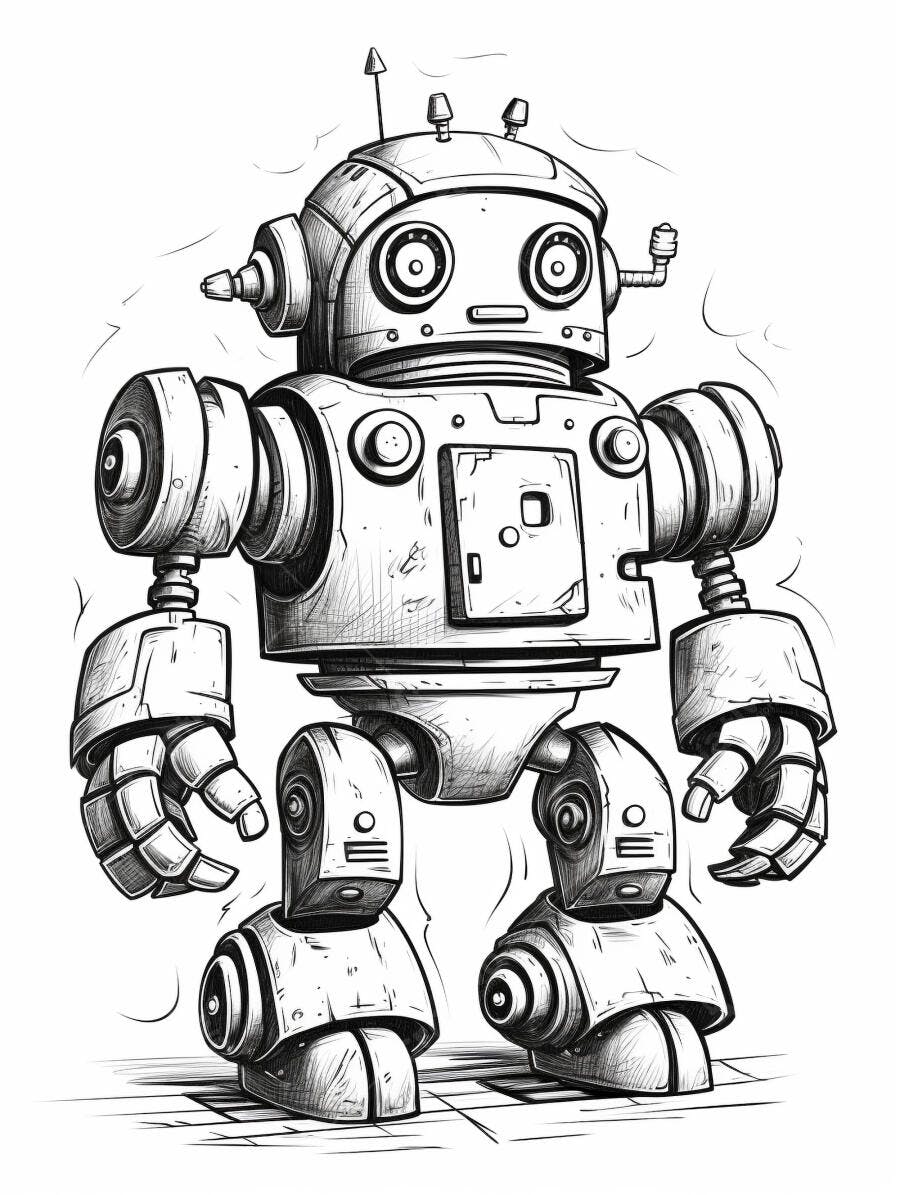 Robô divertido desenho preto e branco estilo vintage olhos grandes