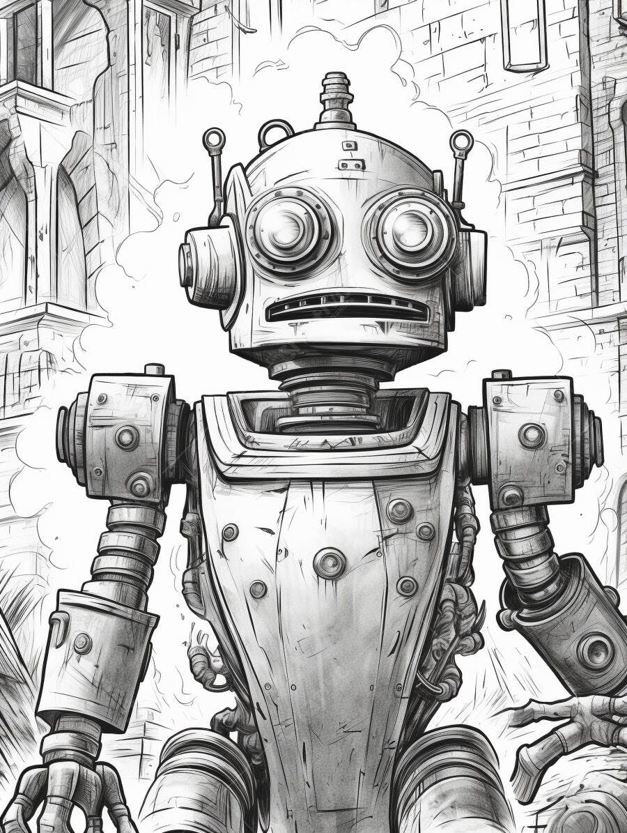 Robô de desenho em preto e branco estilo steampunk em cenário urbano antigo