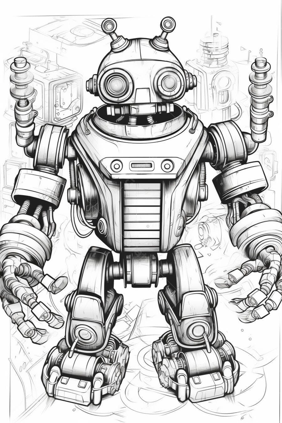 Ilustração de robô mecânico em preto e branco com detalhes futuristas