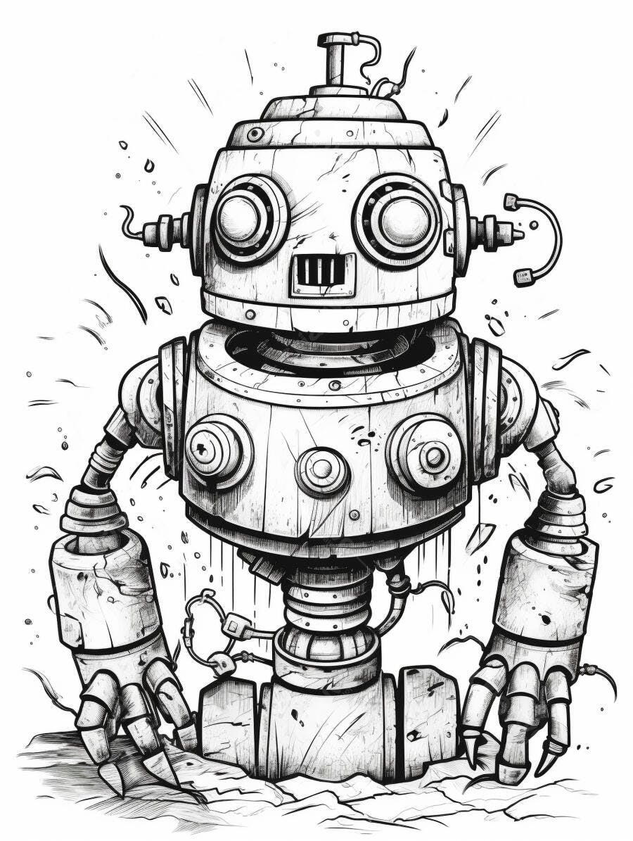 Robô vintage desenho preto e branco ilustração industrial emergindo de rachaduras