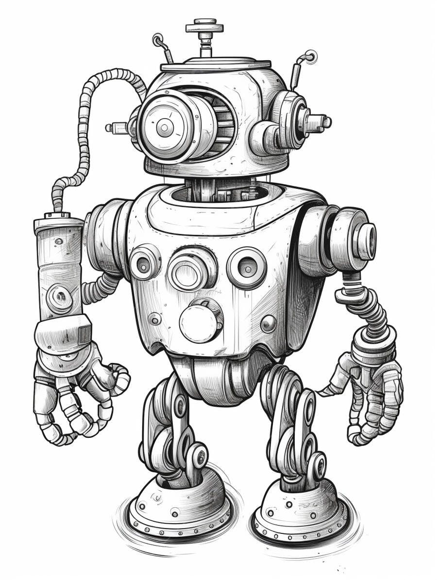 Robô desenho linha estilo vintage com antenas e detalhes mecânicos
