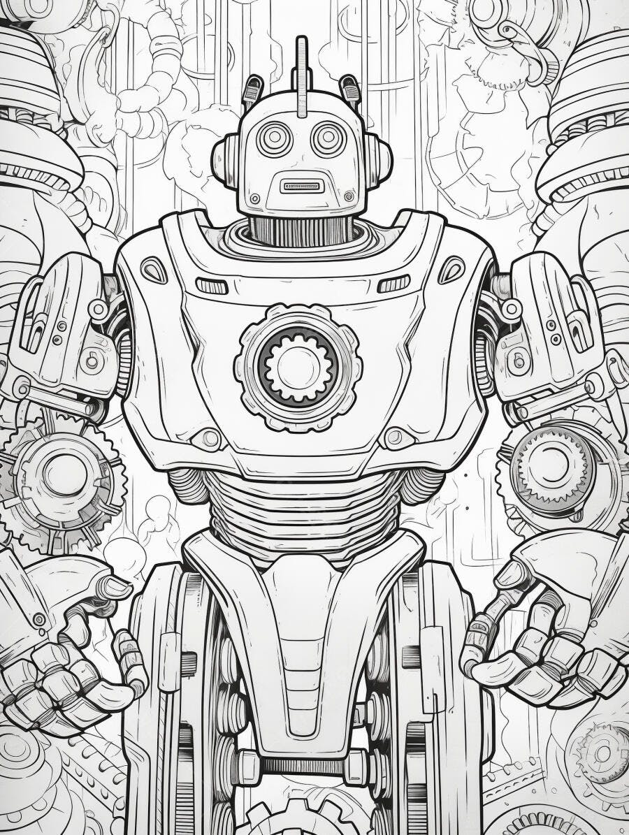 Robô estilo vintage com engrenagens desenho para colorir em fábrica futurista