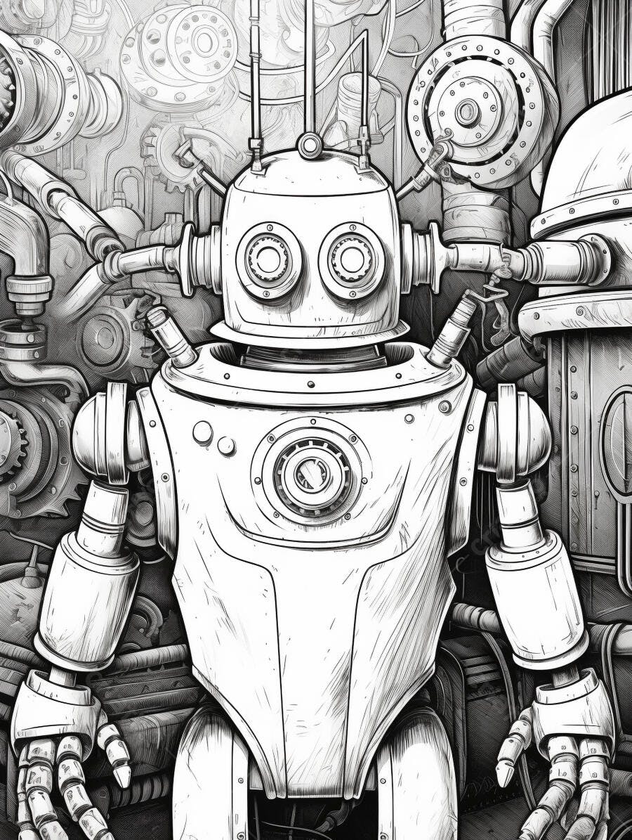 Robô retro futurista ilustração preto e branco com fundo mecânico complexo