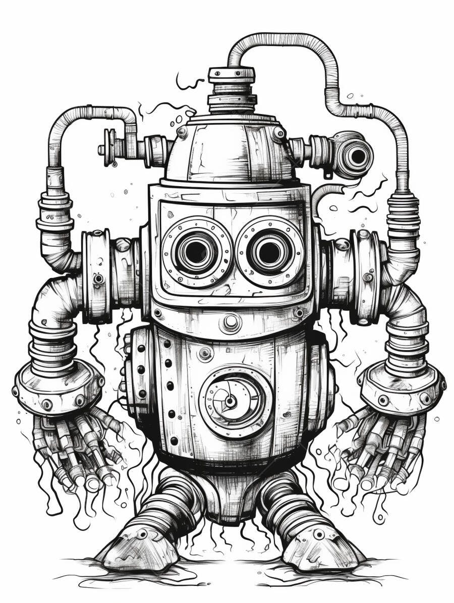 Robô steampunk vintage ilustração preto e branco com tubulações e engrenagens