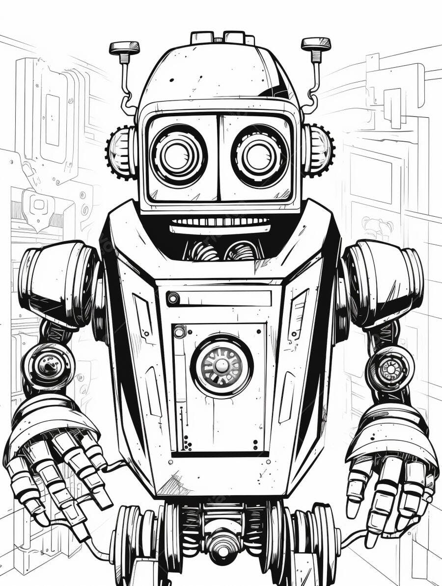 Robô de desenho estilo vintage preto e branco com olhos grandes em fundo tecnológico