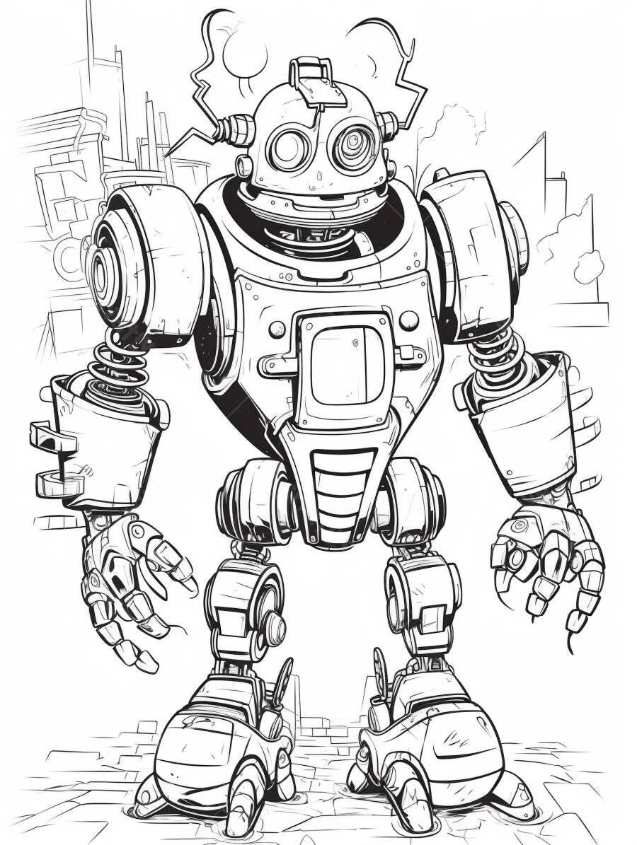 Robô estilo cartoon retrô futurista em linha preta e branca no cenário urbano