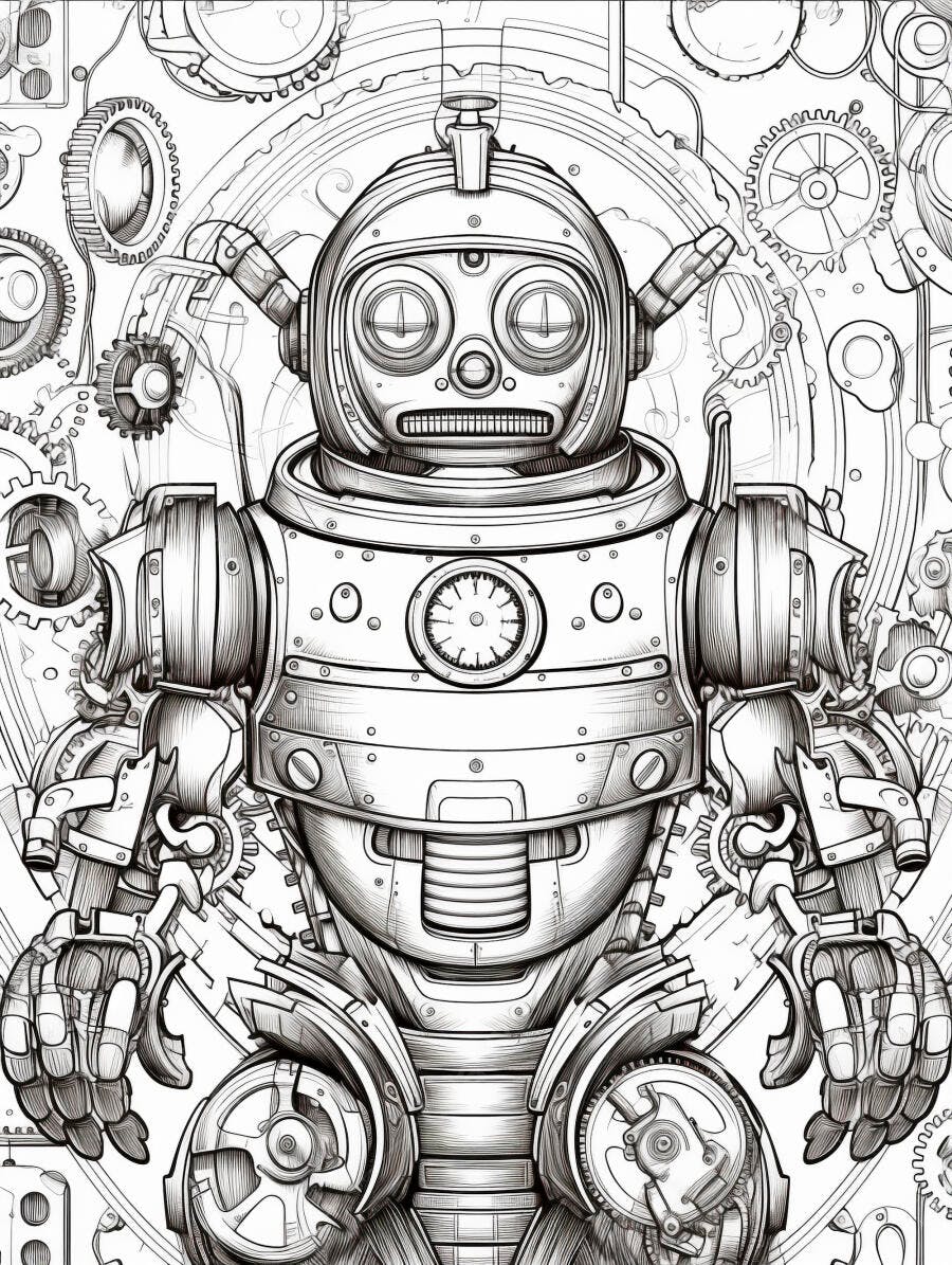 Robô steampunk intrincado desenho preto e branco com engrenagens
