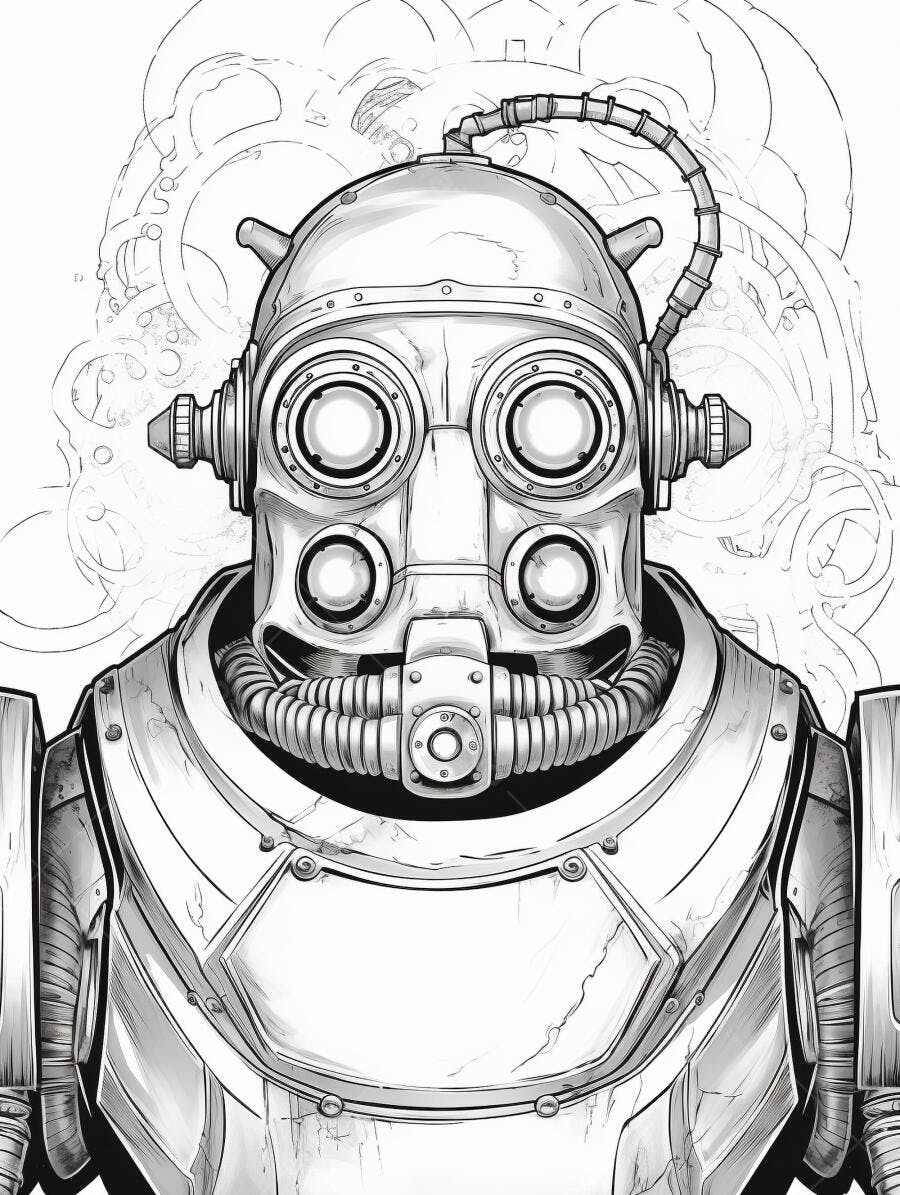 Robô ciborgue vintage ilustração detalhada em preto e branco