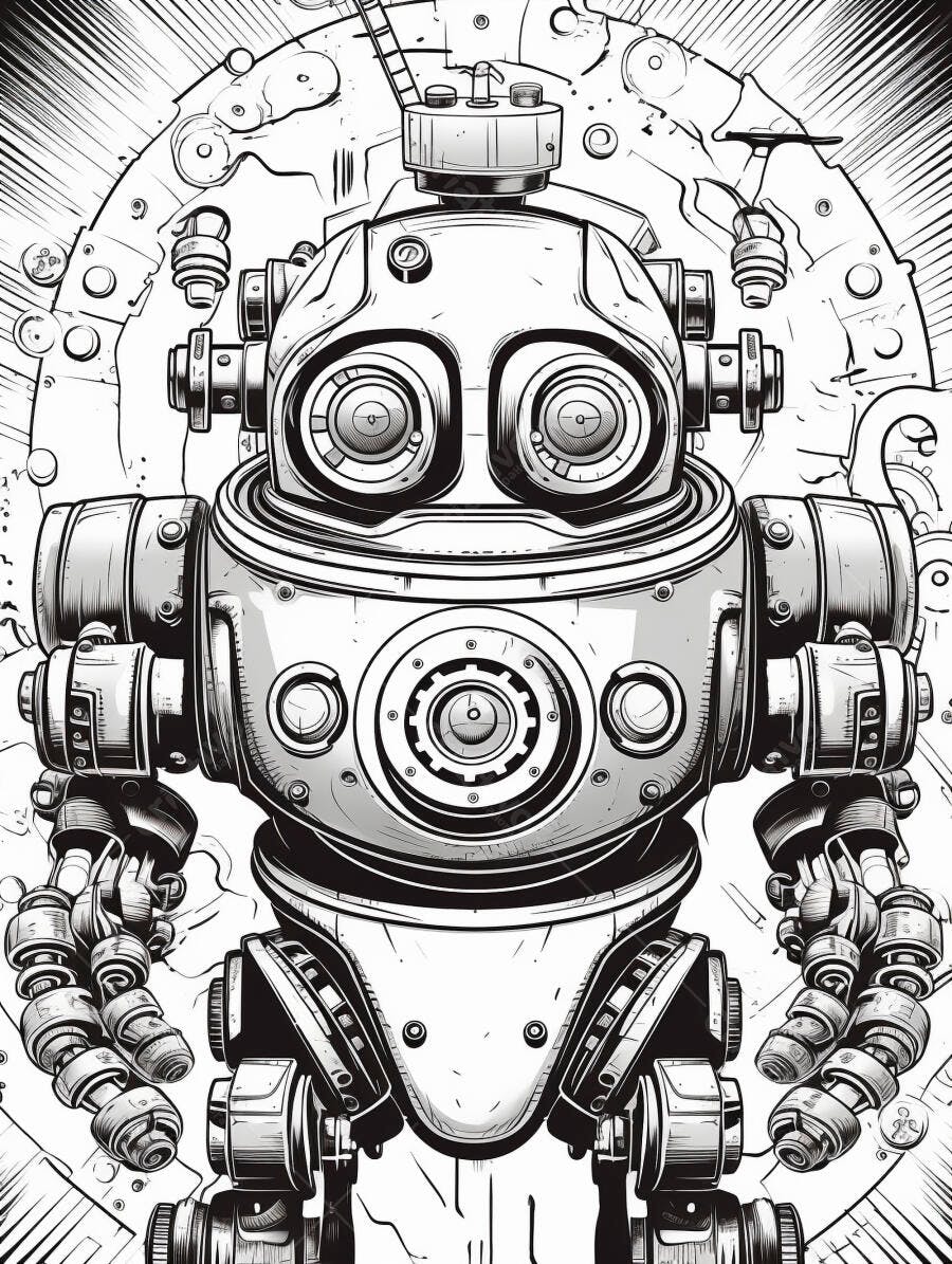 Robô vintage detalhado ilustração preto e branco arte mecânica