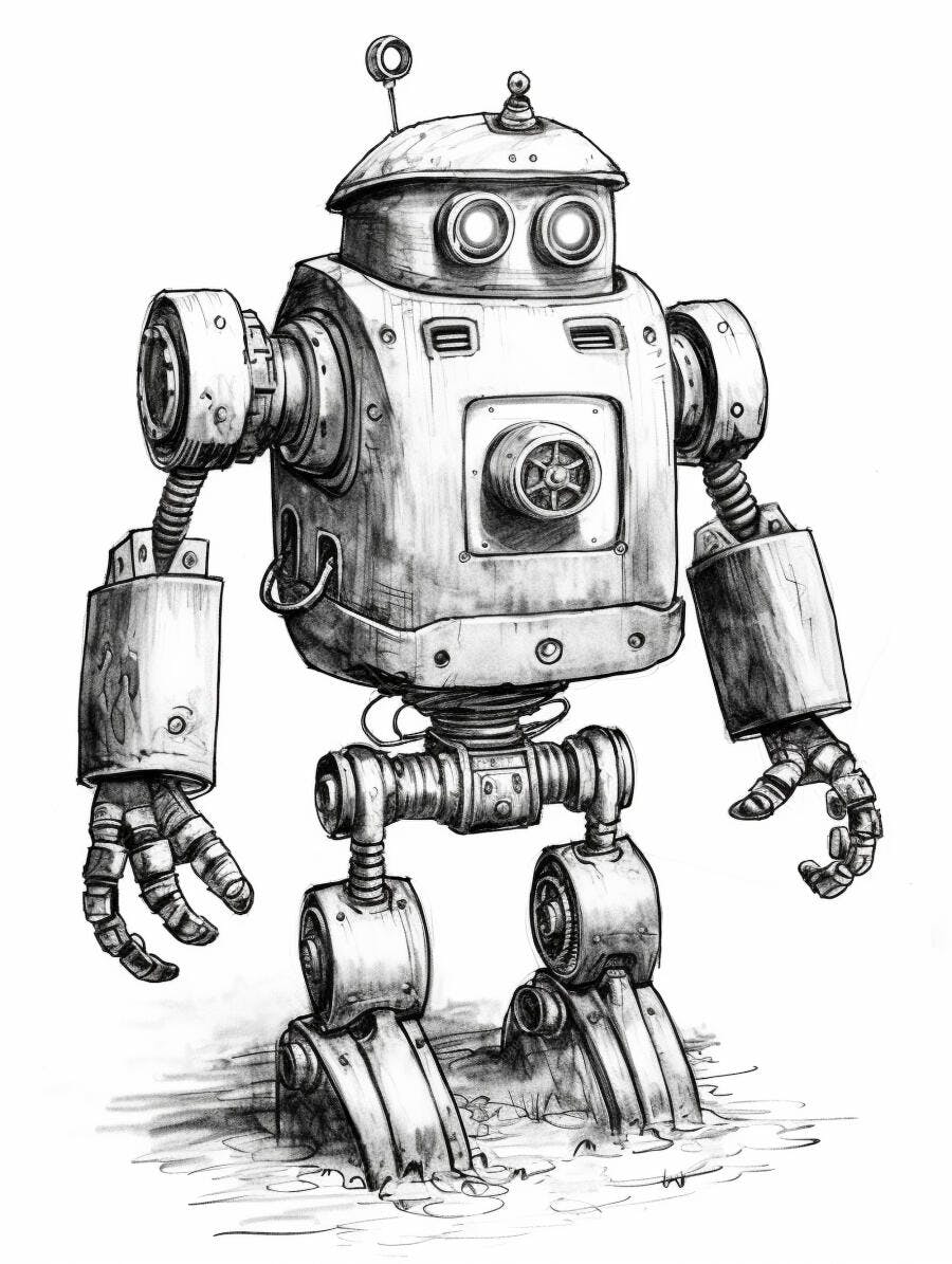 Robô vintage desenhado a lápis com olhos redondos em fundo branco