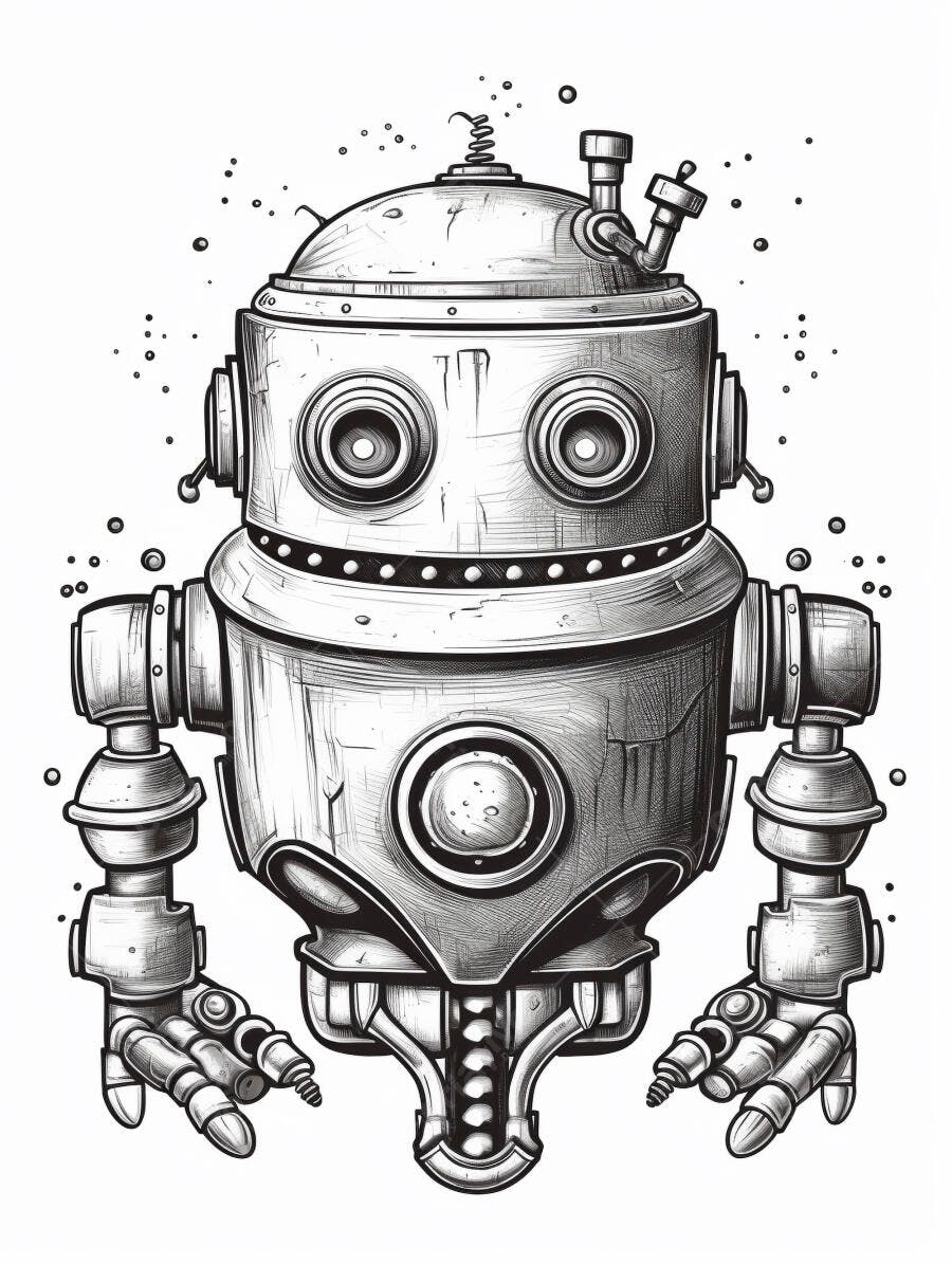 Robô vintage de metal com olhos grandes ilustração preto e branco