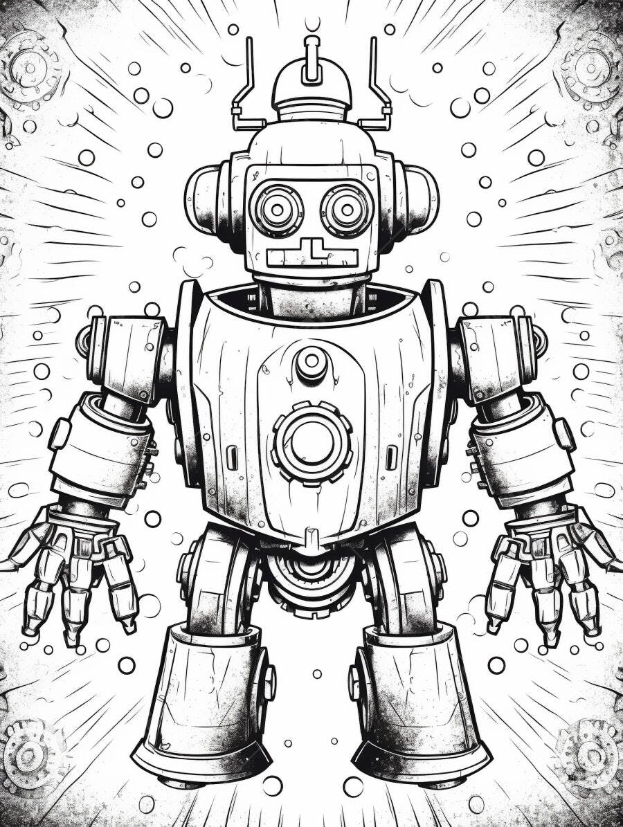 Robô mecânico vintage ilustração preto e branco com detalhes em linhas
